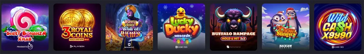 Row of online casino slot game thumbnails displayed on a dark interface, featuring titles such as Sweet Bonanza Xmas, 3 Royal Coins Hold and Win, Rise of Giza Mercedup, Lucky Ducky, Buffalo Rampage Hold & Hit, Snow Slingers, and Wild Cash X9990, each shown with colorful themed artwork and character illustrations.