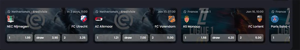 Row of sportsbook betting cards showing upcoming football matches with odds, including NEC Nijmegen vs FC Utrecht and AZ Alkmaar vs FC Volendam from the Dutch Eredivisie, and AS Monaco vs FC Lorient from France’s Ligue 1, displaying match dates, times, and win/draw odds on a dark sports interface.